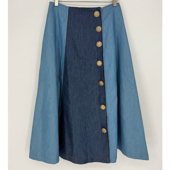 Yenny Bastida Midi Skirt in Denim Color Block Panels Gold Buttons Size 6 nwt